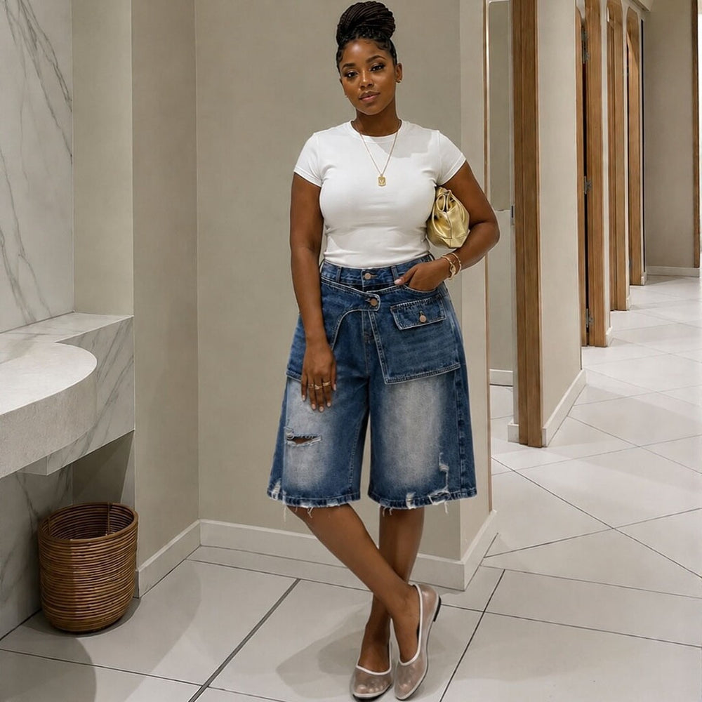 European and american style retro faux two-piece denim shorts -  cross-border women's summer distressed high-waisted capri jeans