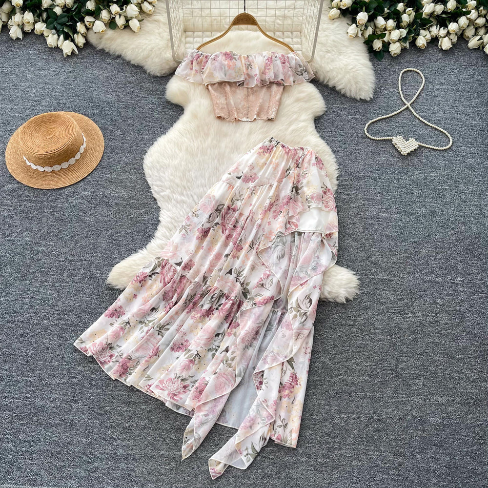 Frenchromantic style one shoulder floral pure desire two-piece set women's summer light mature ruffles cake skirt slimming looksuit