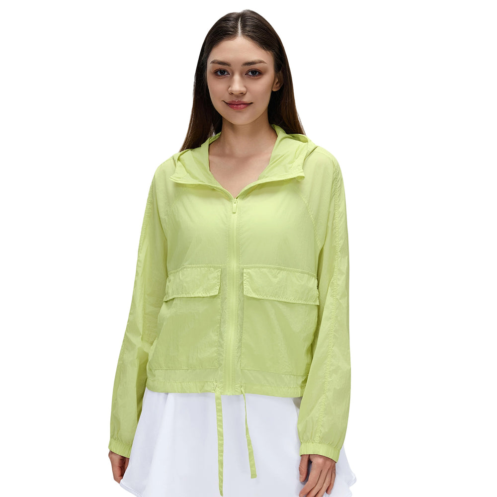 Outdoor lightweight sun protection hooded top, water-resistant cardigan, long sleeve breathable loose fit sports jacket for women d26006