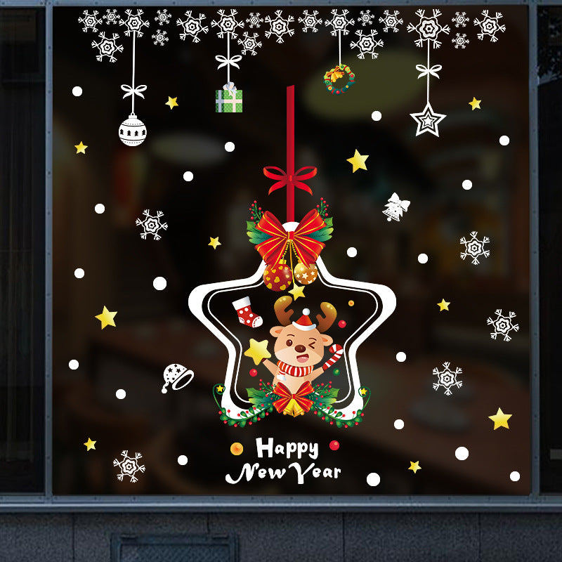 Christmas decoration glass door sticker window scene arrangement Christmas elk snowflake star hanging ring No glue static sticker