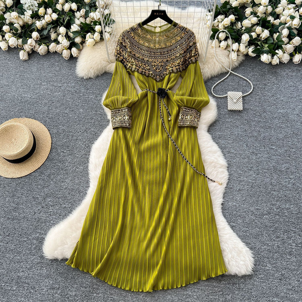 Frenchclassyelegantheavy sequin embroidered beadspatchworklong sleevesdress women's strappy waist elegant pleated long skirt