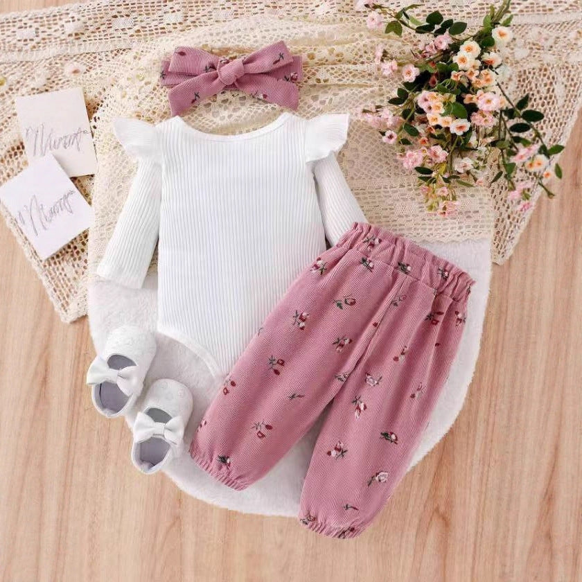 export  autumn new arrival: white flutter sleeve knit top, pink floral print joggers with drawstring, and belt - 3-piece set