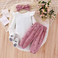 export  autumn new arrival: white flutter sleeve knit top, pink floral print joggers with drawstring, and belt - 3-piece set