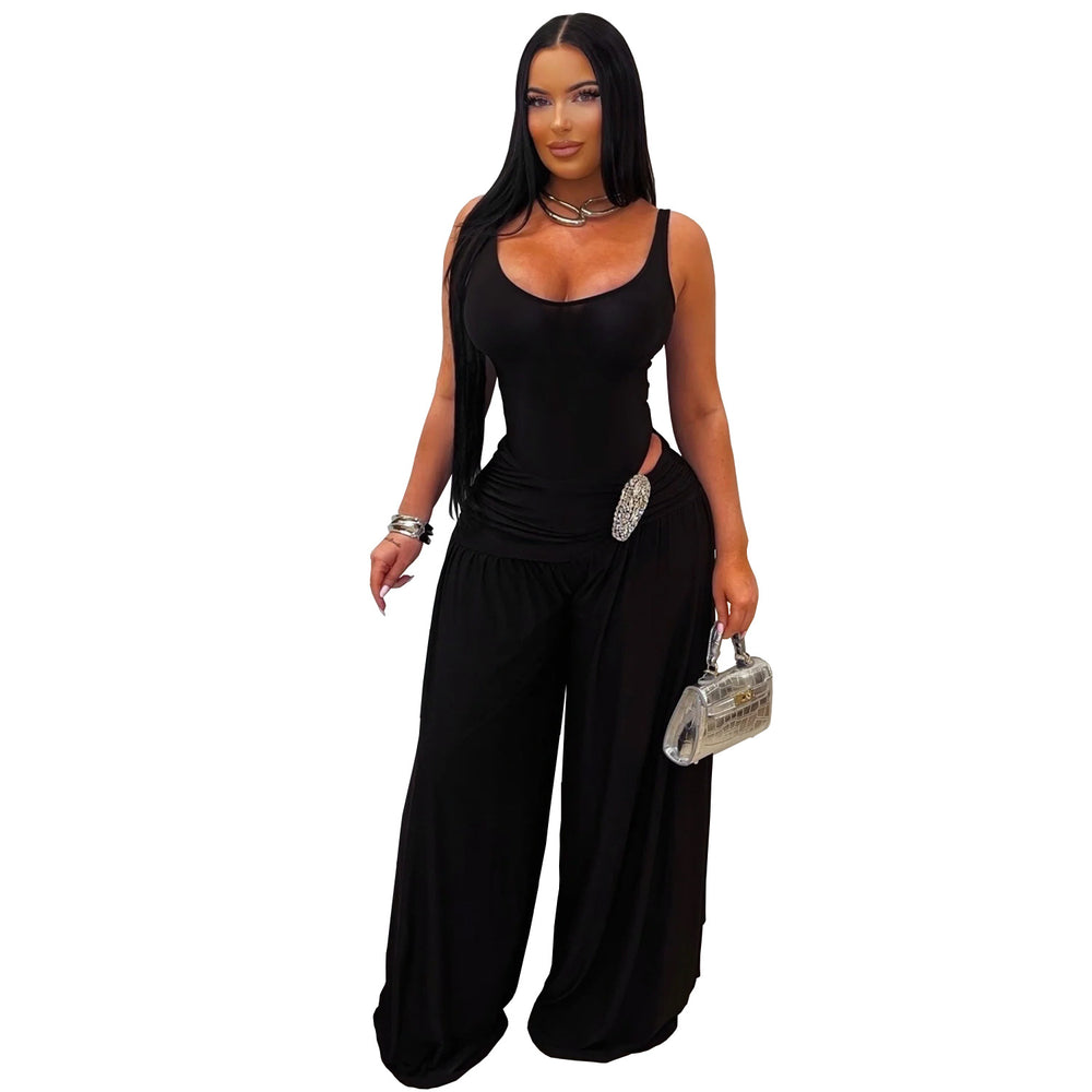 C7779 cross-border  new women's solid color u-neck high-waisted slim-fit wide-leg jumpsuit - sexy & spicy casual romper