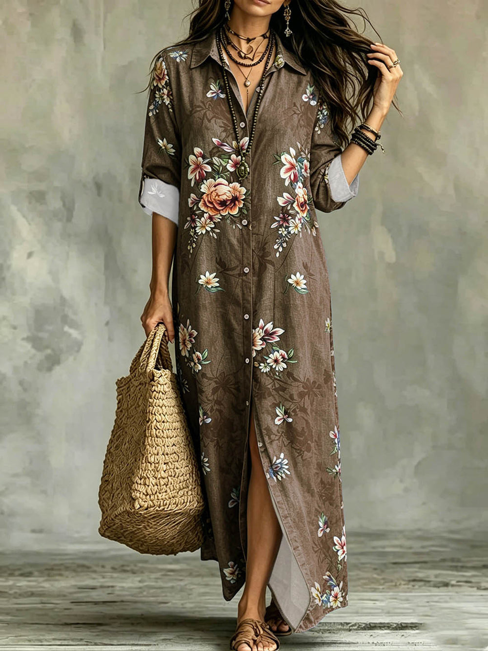 Plus size women's floral print maxi dress - denim-look fabric, turn-down collar, open front, loose fit, casual beach dress - wholesale available
