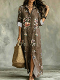 Plus size women's floral print maxi dress - denim-look fabric, turn-down collar, open front, loose fit, casual beach dress - wholesale available