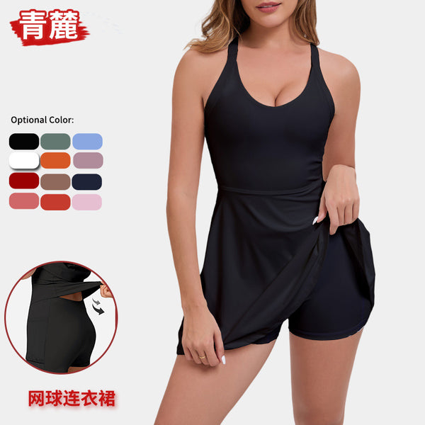 Cross-border supply Sports dress Solid color with shorts Pocket Yoga skirt Women's summer quick-drying golf tennis skirt