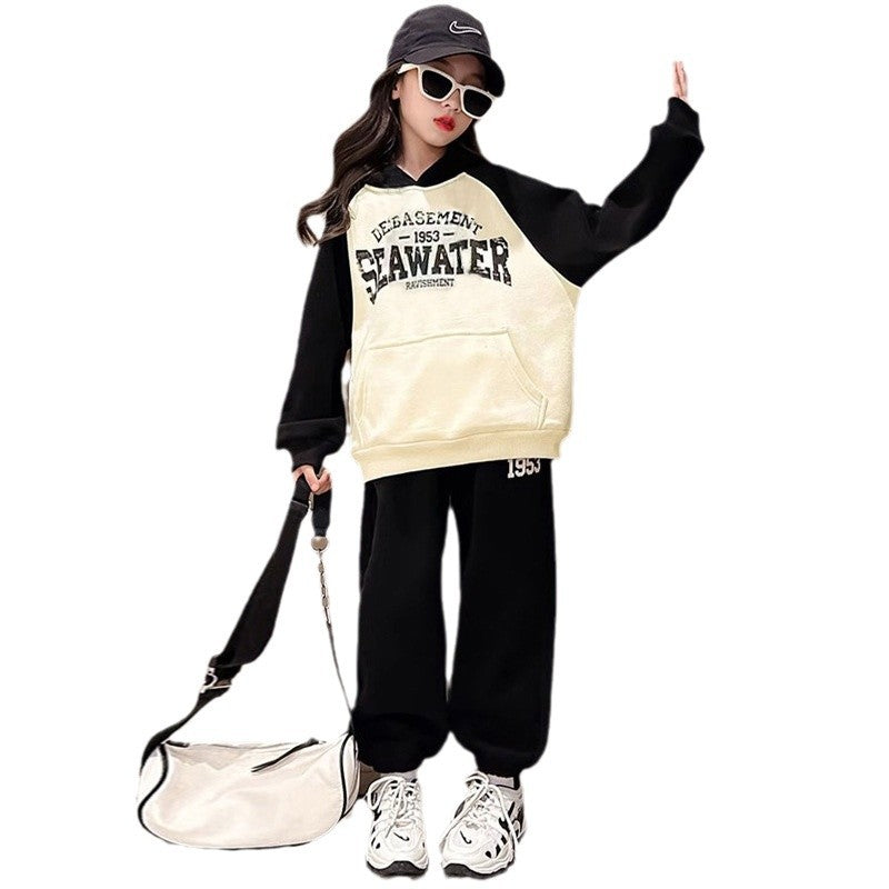 new stylish autumn/winter girls' fashion sweatshirt set - winter collection, mid-to-large size, fleece-lined two-piece activewear set