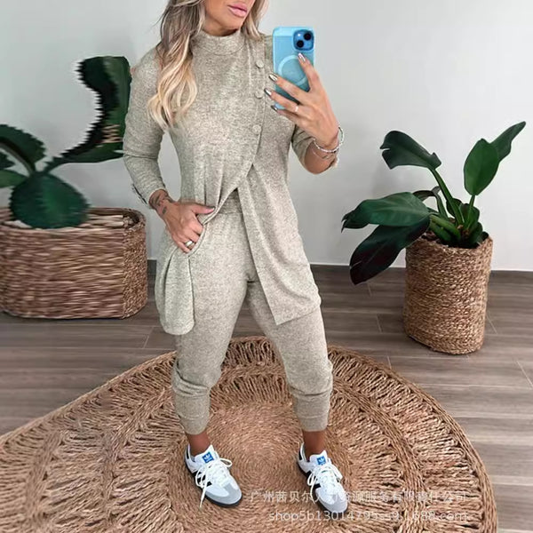 LZR18743 Women's clothing medium and long-sleeved front split design pullover turtleneck top casual trousers 2-piece set