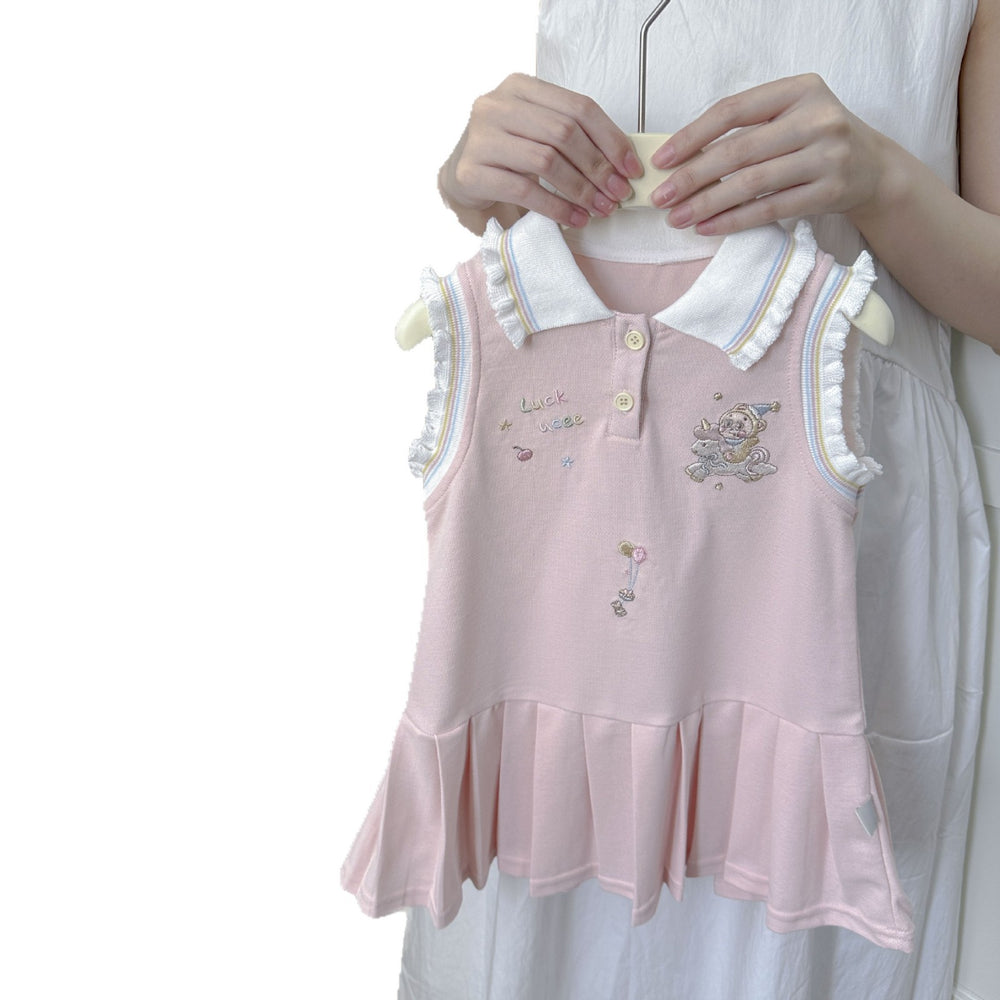 Girls' clothing : preppy korean style casual polo collar pleated skirt - trendy summer vest dress for girls