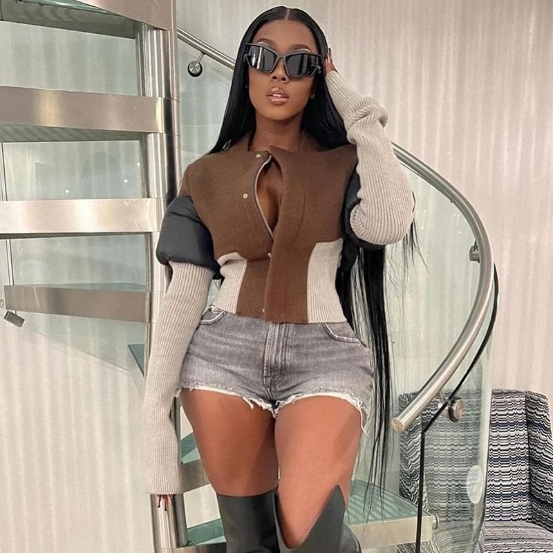 European and american cross-border women's fashion:  autumn hot-selling long-sleeved square neck zipper patchwork concealed button irregular casual top