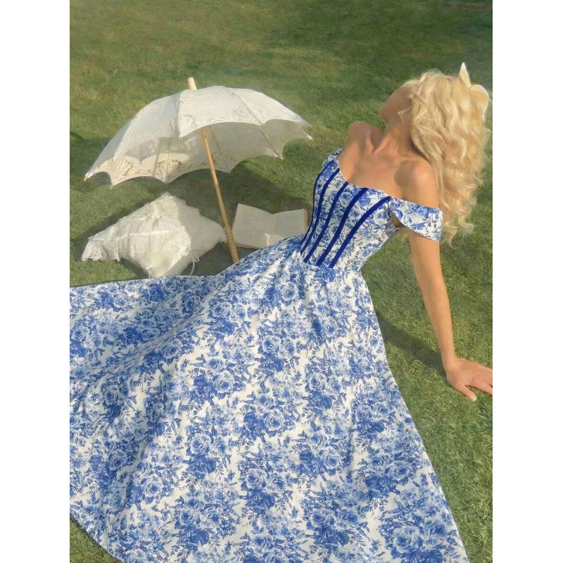 Amazon blue floral print off-the-shoulder dress - women's  summer new arrival - slim fit, figure-flattering dress