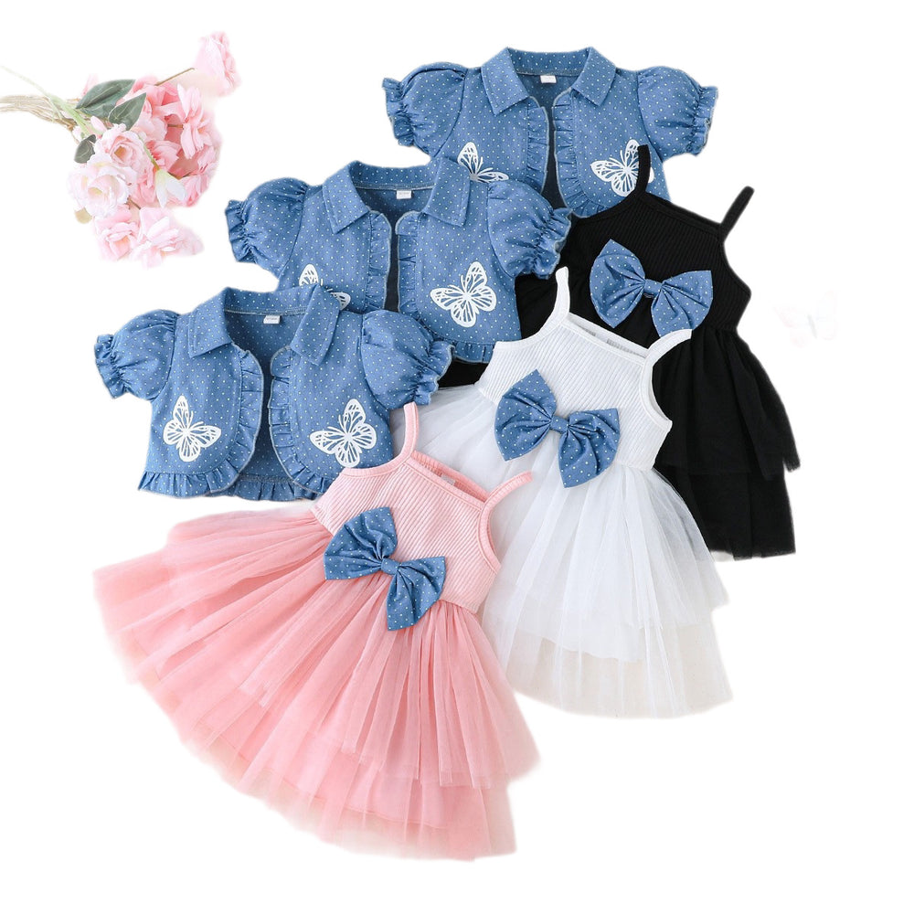 new girls' bowknot suspender dress set - spring/summer korean style mesh skirt two-piece kids' princess dress