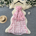 French riviera style printed bandeau dress - women's summer princess style sweet ruffle tiered fairy dress