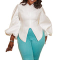 D3094  foreign trade plus size women's solid color lantern sleeve elegant commute v-neck top african european and american style blouse