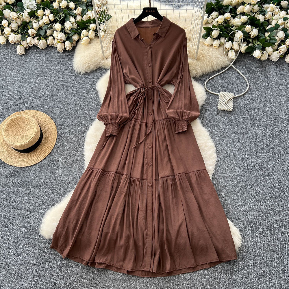 Luxury french style polo neck lantern sleeve shirt dress - women's summer tie-waist maxi dress - ethereal & stunning elegant long dress
