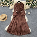Luxury french style polo neck lantern sleeve shirt dress - women's summer tie-waist maxi dress - ethereal & stunning elegant long dress