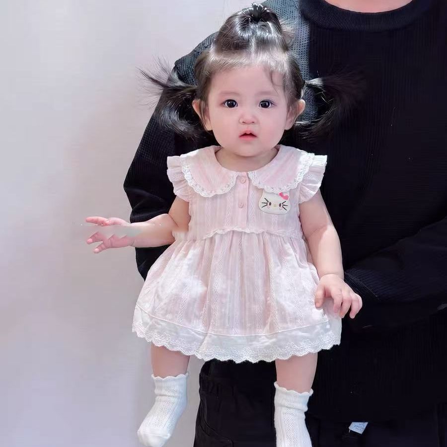 Summer lightweight lace flutter sleeve romper dress - baby girl princess outfit for newborns, first birthday, and 100-day celebration