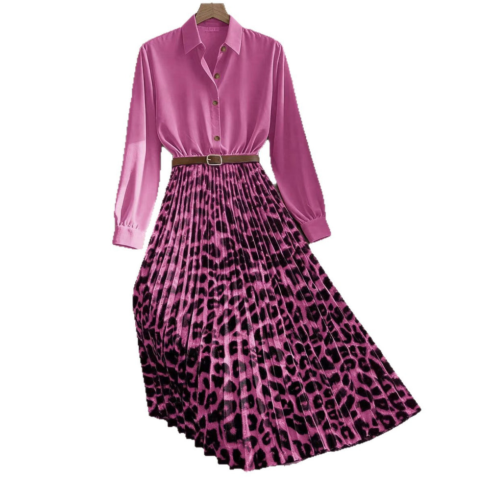 Ready-to-ship  new arrival: women's elegant leopard print patchwork pleated skirt h-line waist slimming dress - dropshipping available