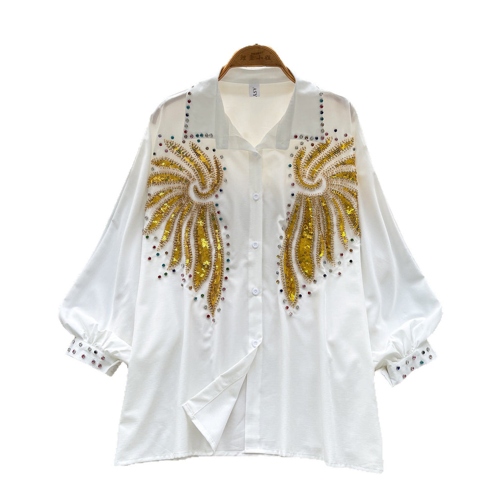 European and american style high-end lantern sleeve blouse - women's autumn heavy embellishment sequin & rhinestone loose fit design - executive lady top