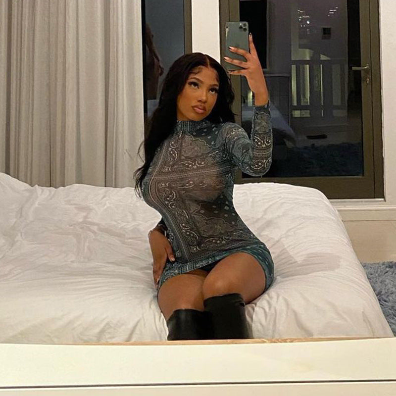 European and American   summer new printed pullover sweet short dress black temperament commuter mid-waist dress