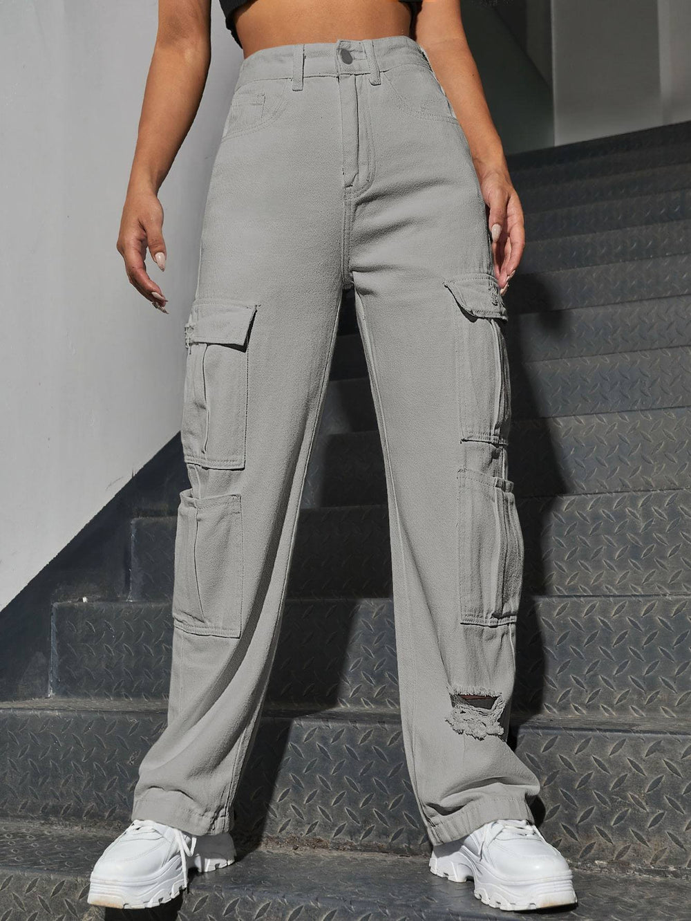 Amazon tiktok pinduoduo export cross-border fashion women's gray multi-pocket hole wide leg workwear pants