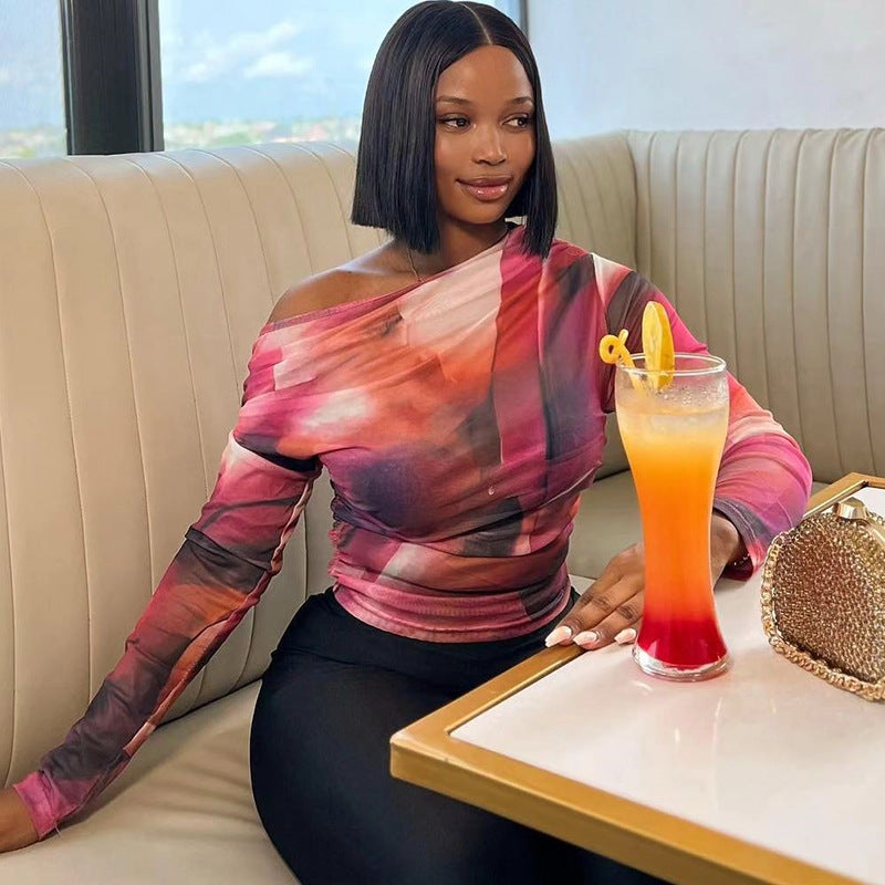 Fashion style insexport women's clothingfashionprintingtops oblique shoulder long sleeves street pullovereasiest for matcht-shirt one piece dropshipping