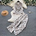 Lightly mature elegance style strappy v necktopshigh waistloose pantstwo-piece set female autumslimming look lazy fashionsuit