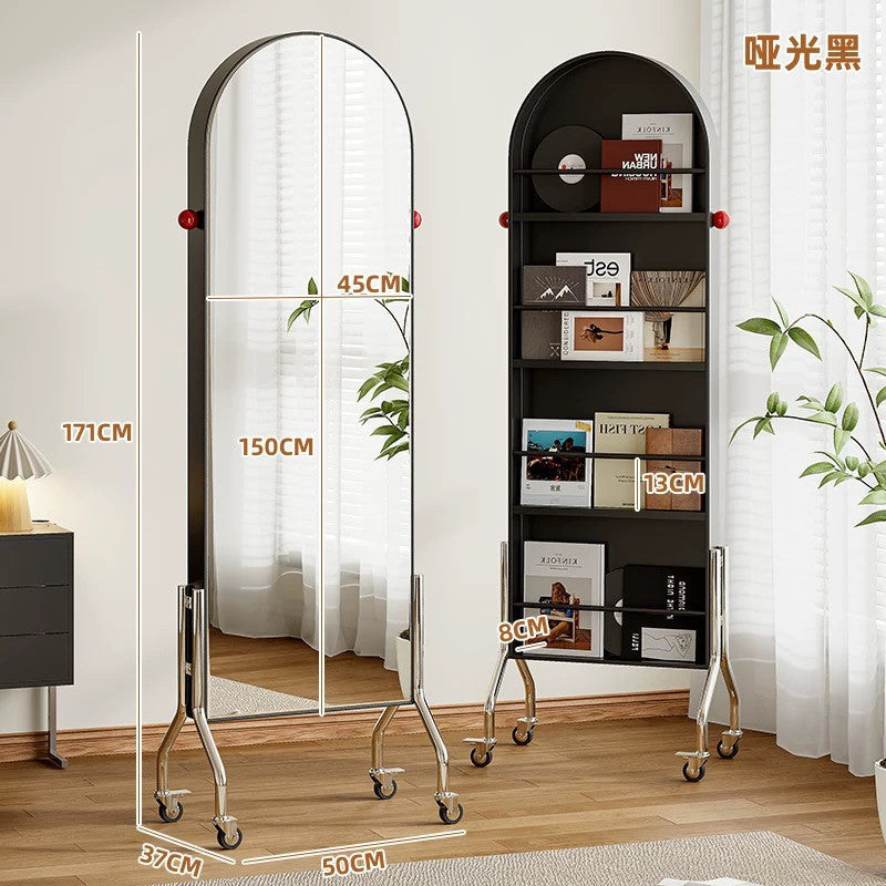 Full-length mirror, movable mirror, medieval style storage magazine rack, floor mirror, home storage bookshelf, rotating full-length mirror