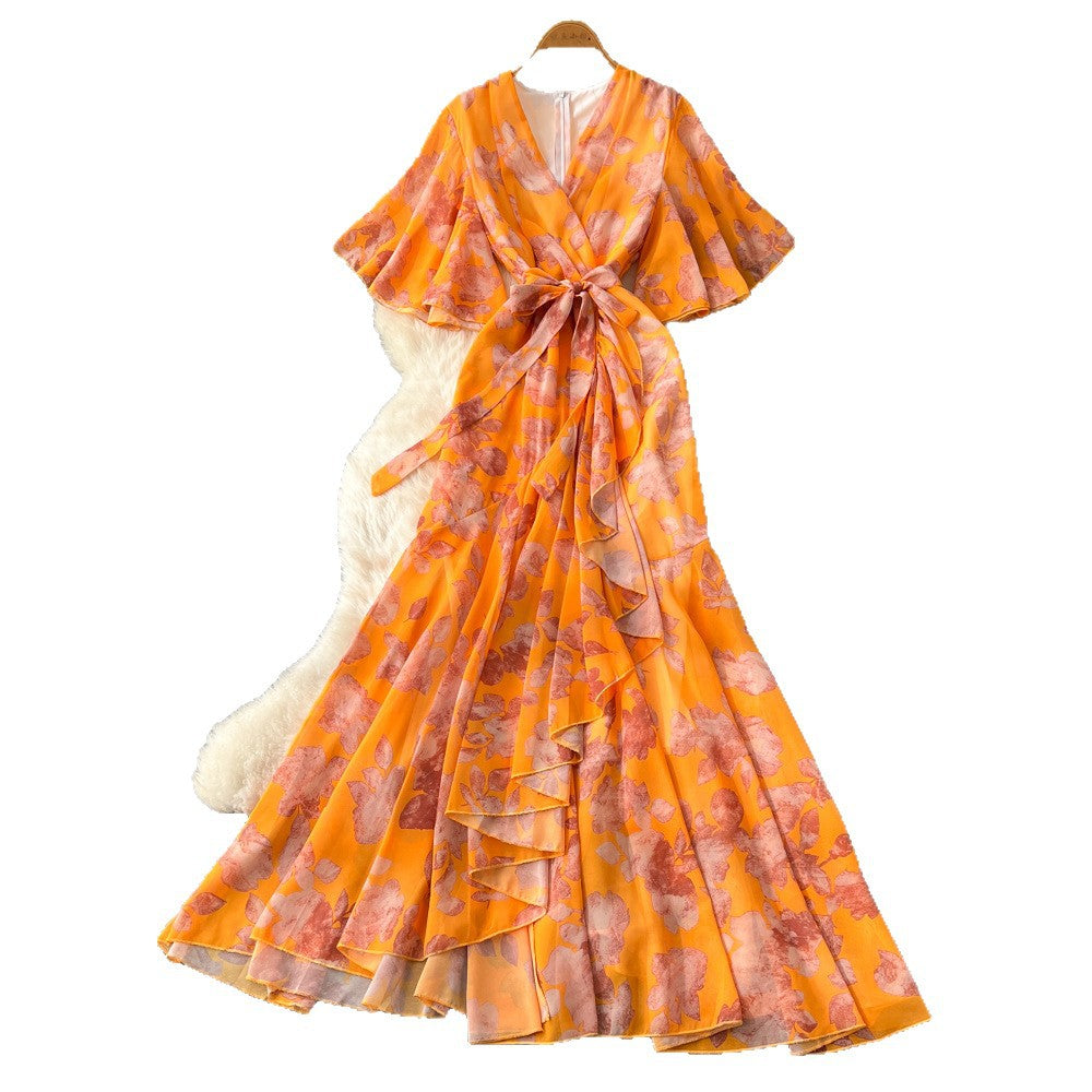 Women's spring dress : french chic tie-waist v-neck asymmetrical print chiffon maxi dress