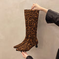 High-heeled women's boots, pointed toe, leopard print, over-the-knee boots, slimming look, elastic boots, fashioneasiest for match long boots, cross-border