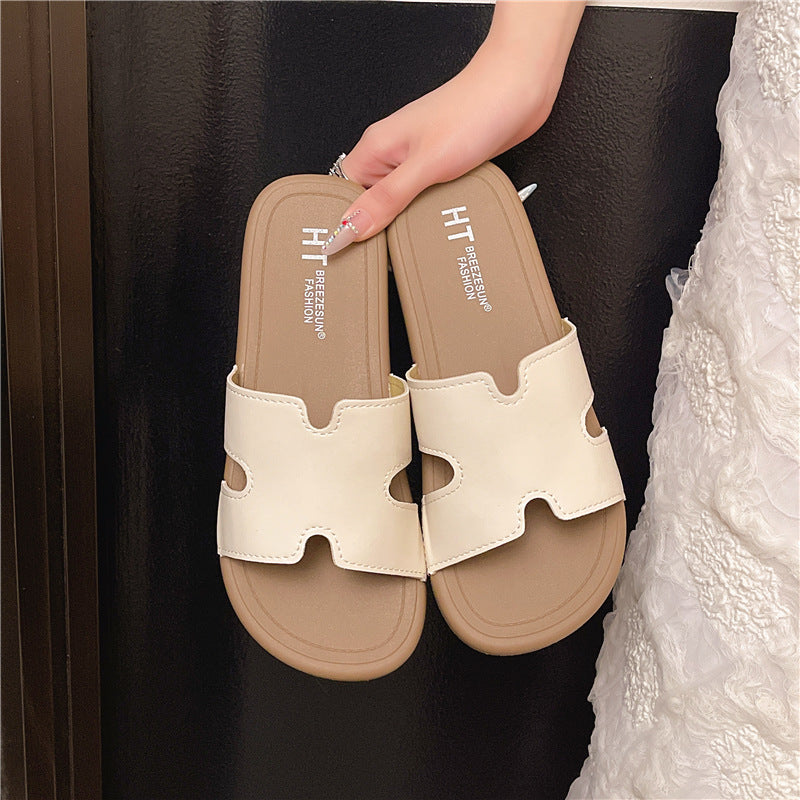 Fashionable starlight silver h strap versatile soft sole mules - french retro flat slide sandals for women