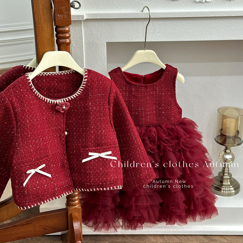 Girls' dress  winter new arrival: red chic princess dress set - perfect for first birthday celebrations