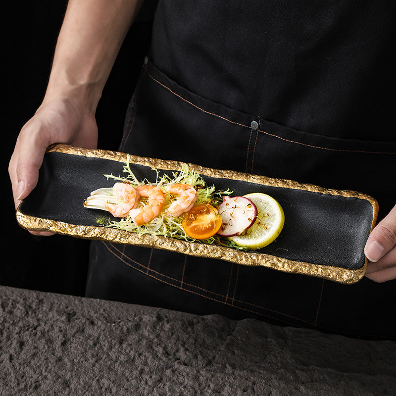 High-end ceramic japanese-style long sushi plate, perfect for showcasing dishes in stylish restaurants and hotels. a visually appealing, elongated serving platter