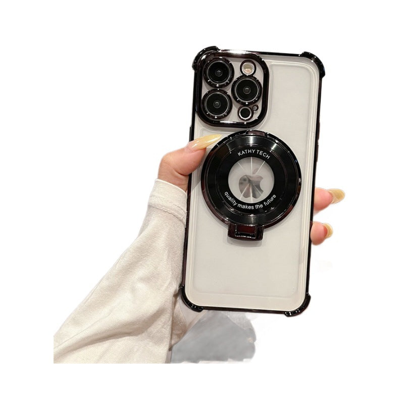 Four-corner anti-fall electroplating suitable for apple 16pro ring holder mobile phone case iphonexr/12 transparent protective cover