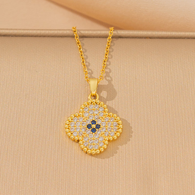 popular zircon-inlaid four-leaf clover necklace, accessible luxury, niche women's summer fashion, non-fading clavicle chain earrings jewelry