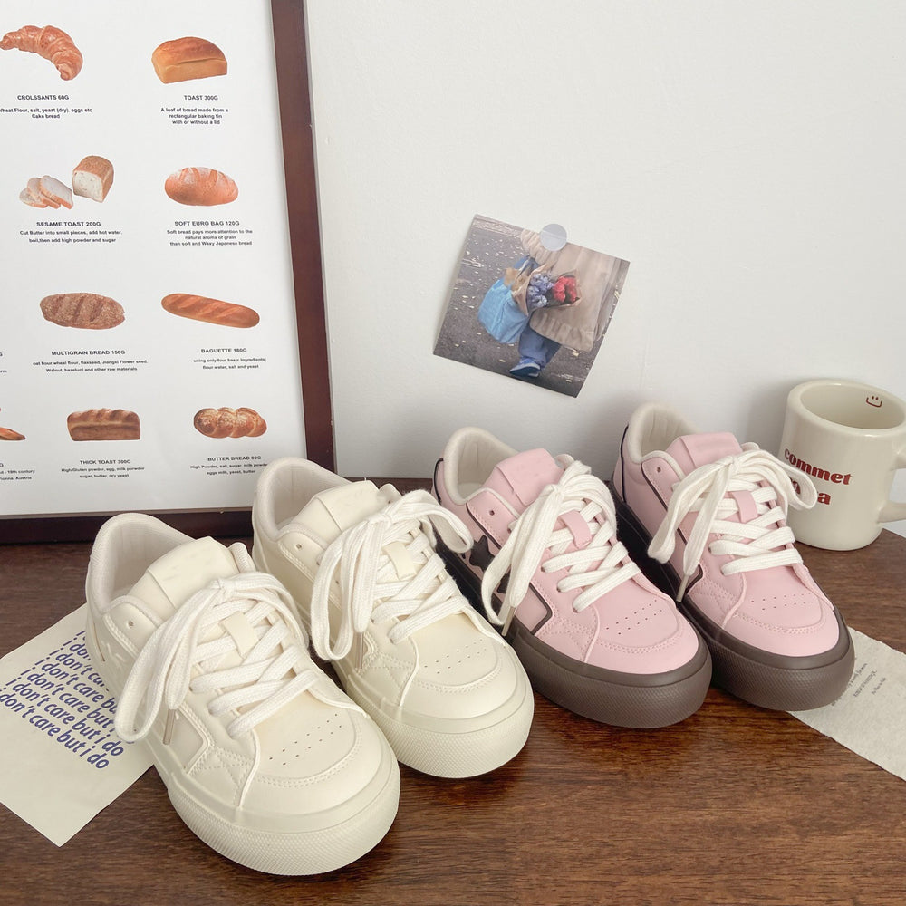 Creamy white chunky sole white sneakers - women's star edition, autumn 2026 new arrival. chic, niche, versatile leather upper, student style athletic skate shoes