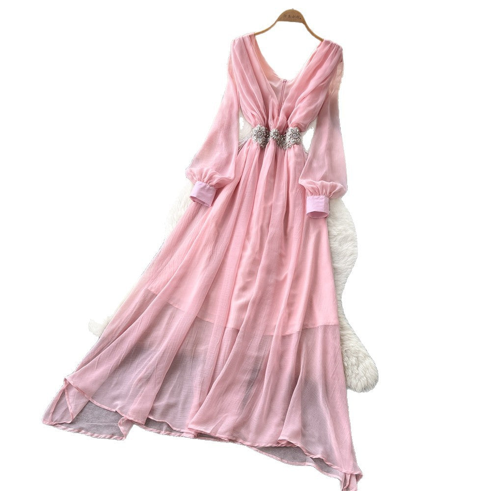 Elegant v-neck lantern sleeve dress - korean style, diamond embellished, slimming, and graceful maxi dress