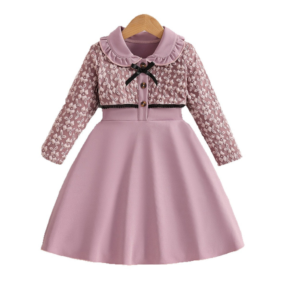 Exportgirldresslight pink doll collar long sleevesbowslong skirtautumkids waist a-line skirt