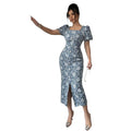 new cross-border listing:  women's original elegant square neck puff sleeve pearl button dress