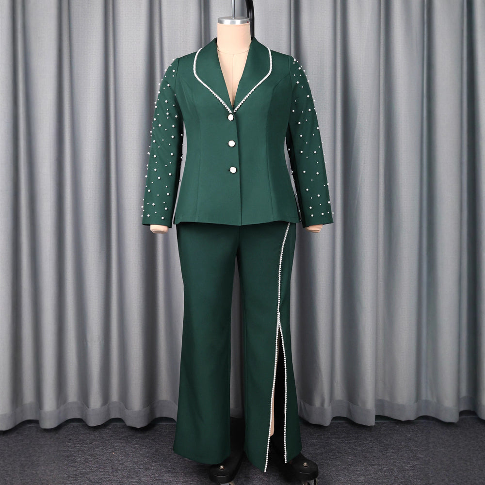 retrosexyv neck beaded long sleeves suit tops slit easiest for matchstraight-leg pants two-piece set