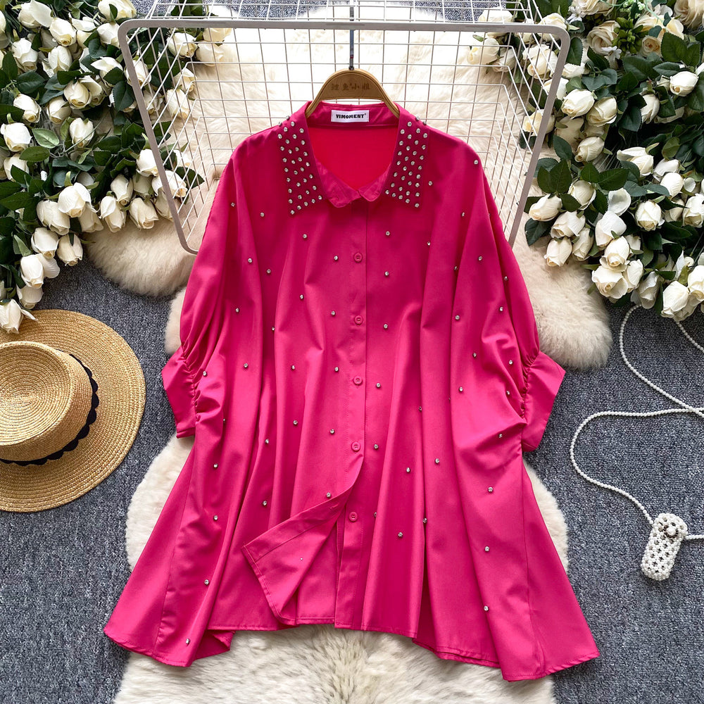 Relaxed and effortless style women's summer top - european fashion design, heavily embellished with rhinestones, single-breasted batwing sleeve blouse