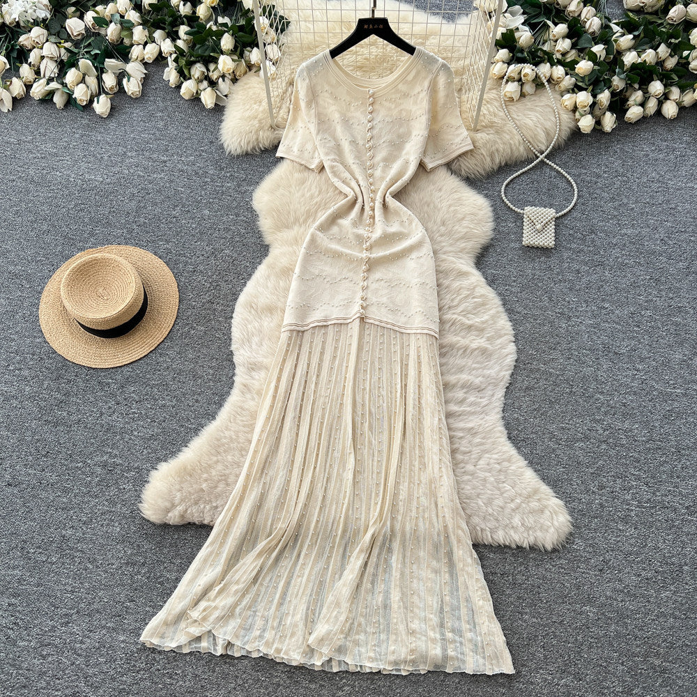 French style beaded knit dress - women's short sleeve high waist a-line dress - slimming, commute-friendly, elegant maxi dress
