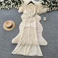 French style beaded knit dress - women's short sleeve high waist a-line dress - slimming, commute-friendly, elegant maxi dress