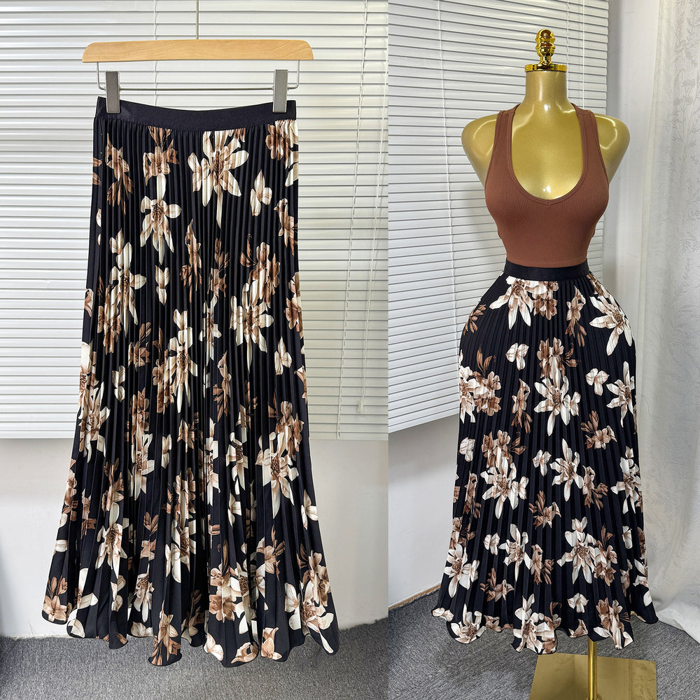 Exportsweeteasiest for matchpleated skirt large swing printing skirt women's frenchhigh waista-line medium long pleated skirt