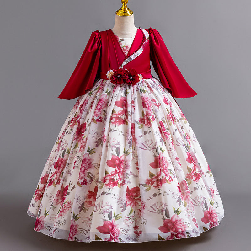 New floral girl's dress chiffon long sleeve princess dress first birthday piano performance dress baby dress