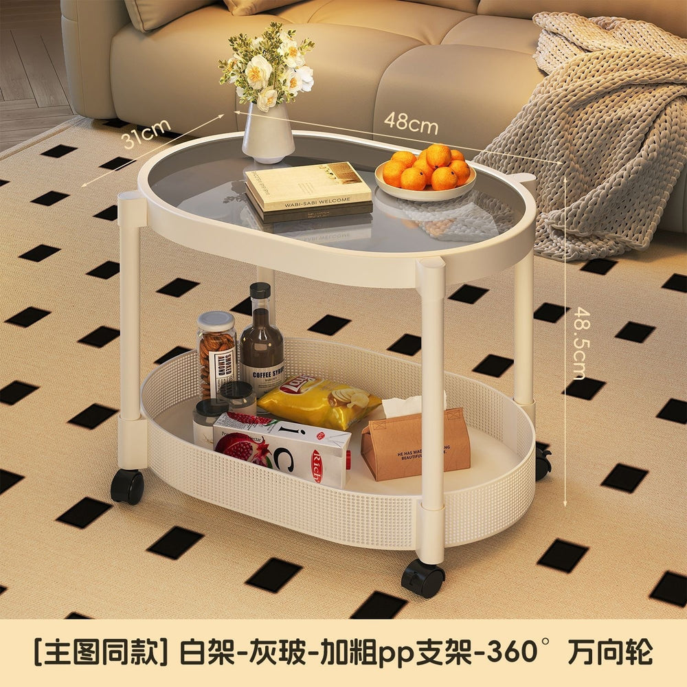 Small apartment mobile oval cream coffee table, sofa side table, small table, living room storage and snack cart