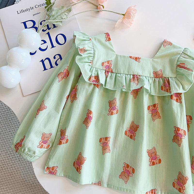 Kids'  autumn new arrival: stylish long-sleeve korean style cotton shirt for girls - sweet and chic square neck
