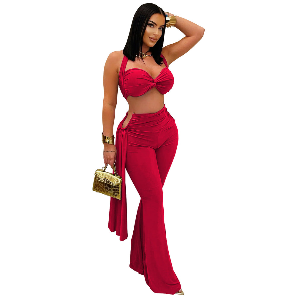C7485 cross-border   fashion women's sexy summer bandeau top and tie-up pants set - new