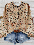 fashionretro spotted shirt, light khaki bottom, colorful leopard print, stand-up collar, ribbon patchwork, lotus leaf looselong sleeves